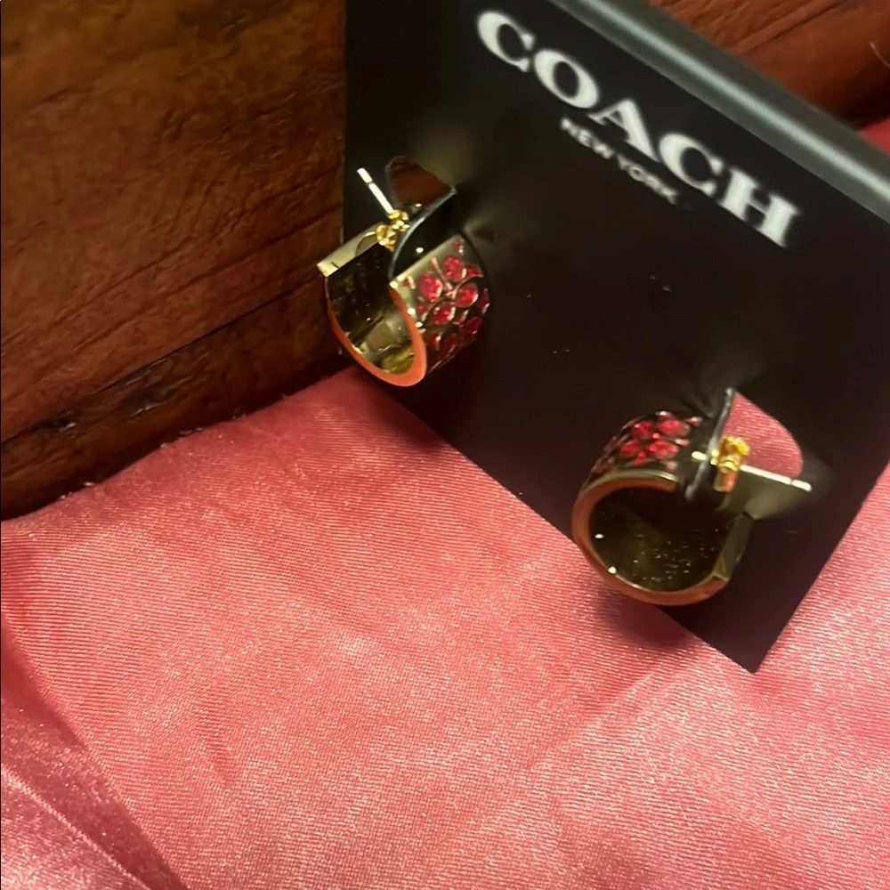 Coach Gold and Red small huggie hoop Earrings - Picture 6 of 6